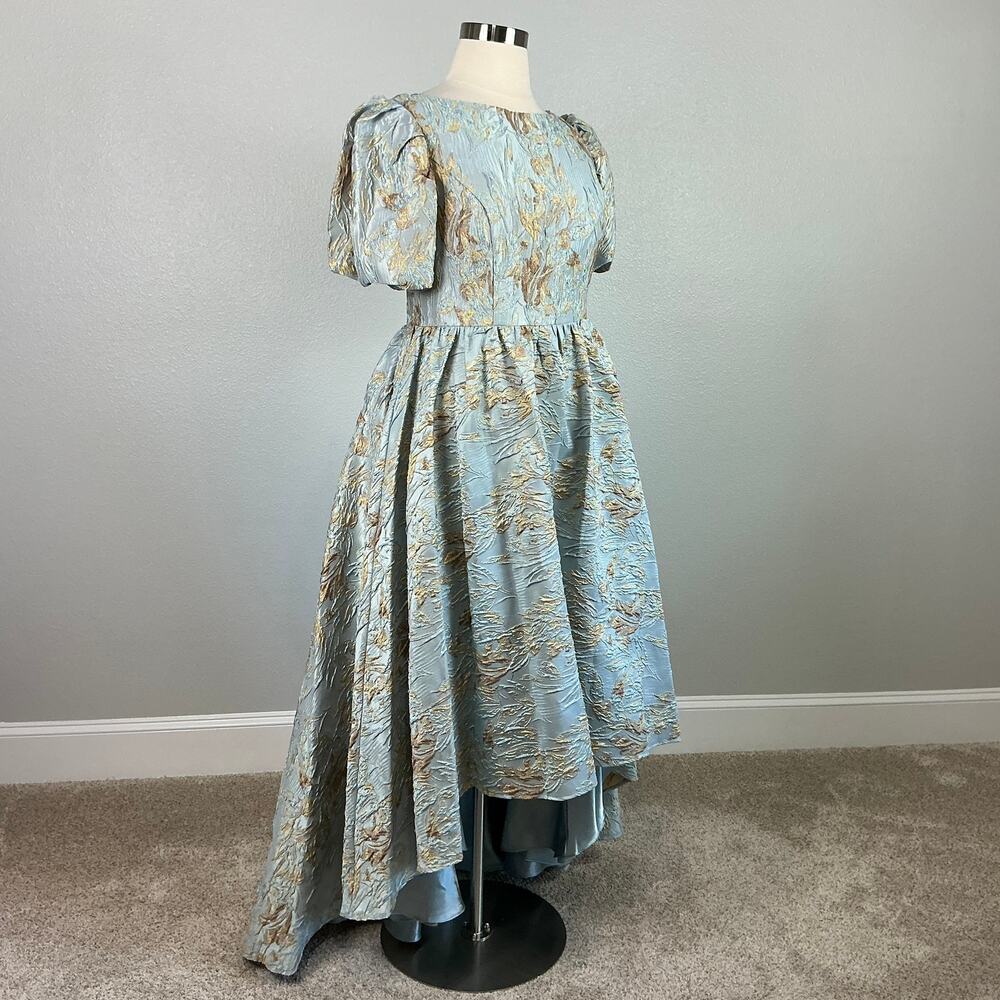 Mac Duggal 11608 Metallic Floral High Low Evening Gown Blue + Gold Size 14 Dress - Picture 3 of 12